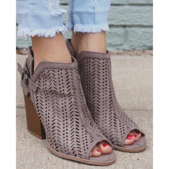 Taupe Laser Cutout Peep Toe Ankle Booties - Picture 5 of 6